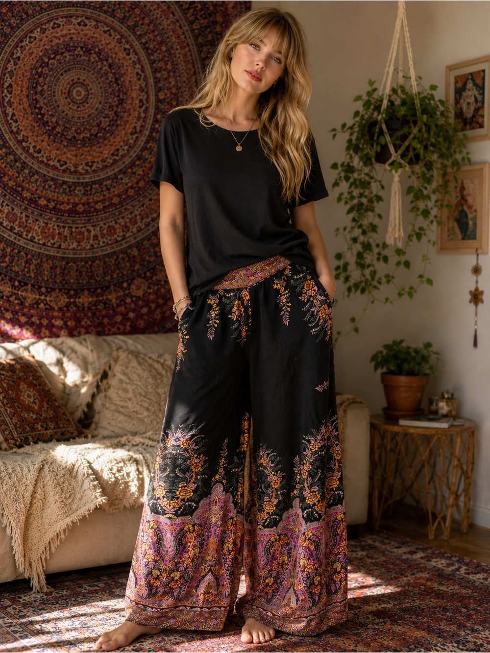 Haute Hippie Black Wide-Leg Floral Border Pants